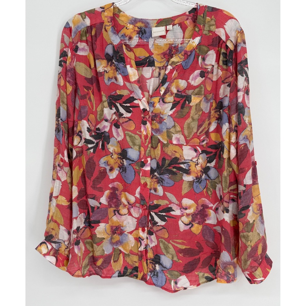Zac & Rachel Womens Red Floral Button Down Roll Tab Sleeve Blouse Shimmer Sz 1X